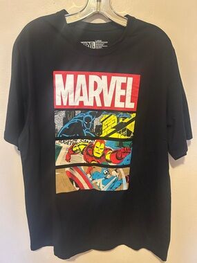 Marvel Black Graphic Tee with Red, Yellow, Blue and Cream Comic Panels